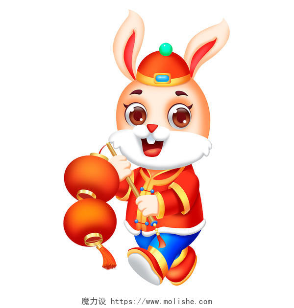 微立体新年快乐兔子手拿灯笼卡通形象插画素材png兔年新年兔子